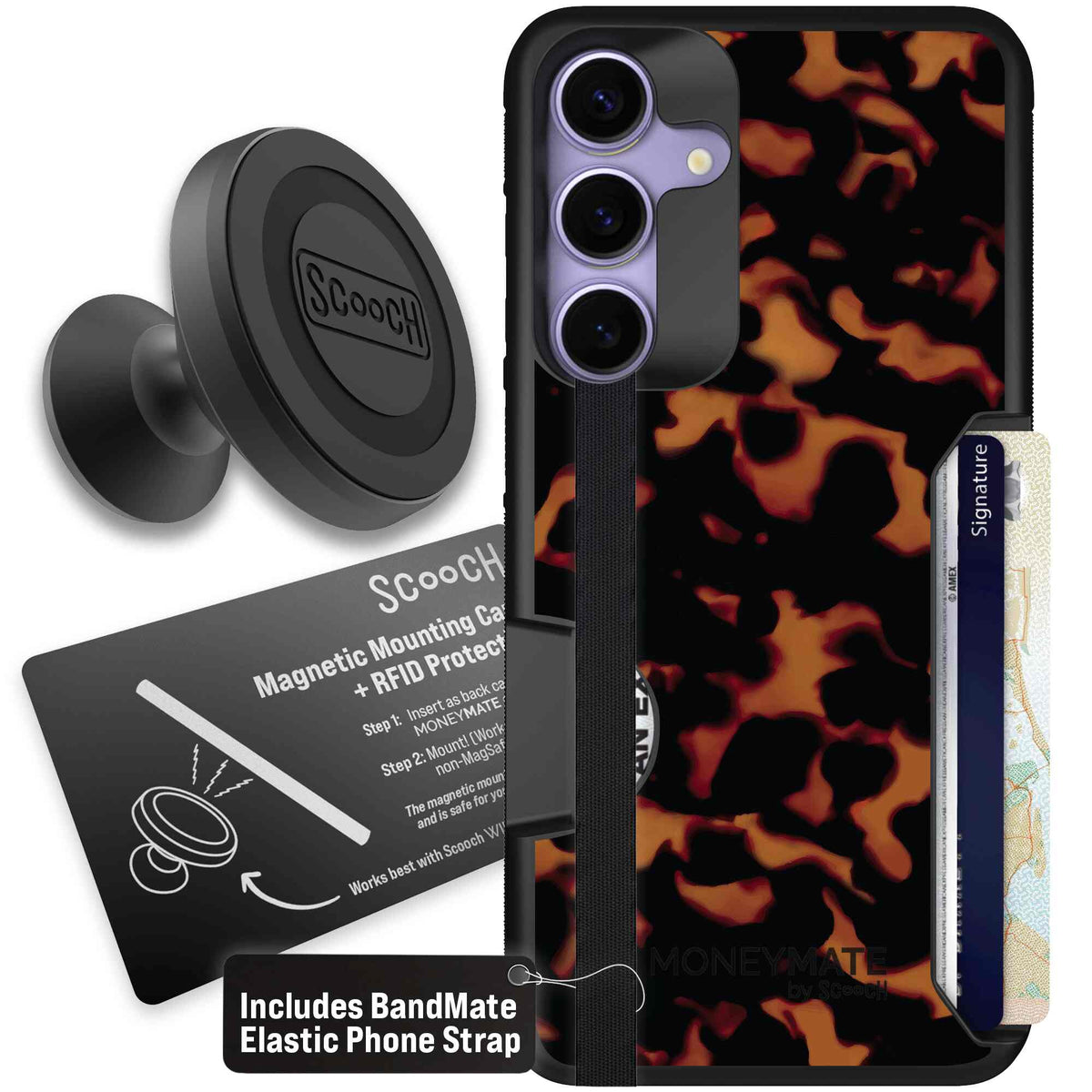 Tortoise Shell amber brown and black mottled pattern on a scoochzza Moneymate case for Galaxy S25+ - Starter Bundle