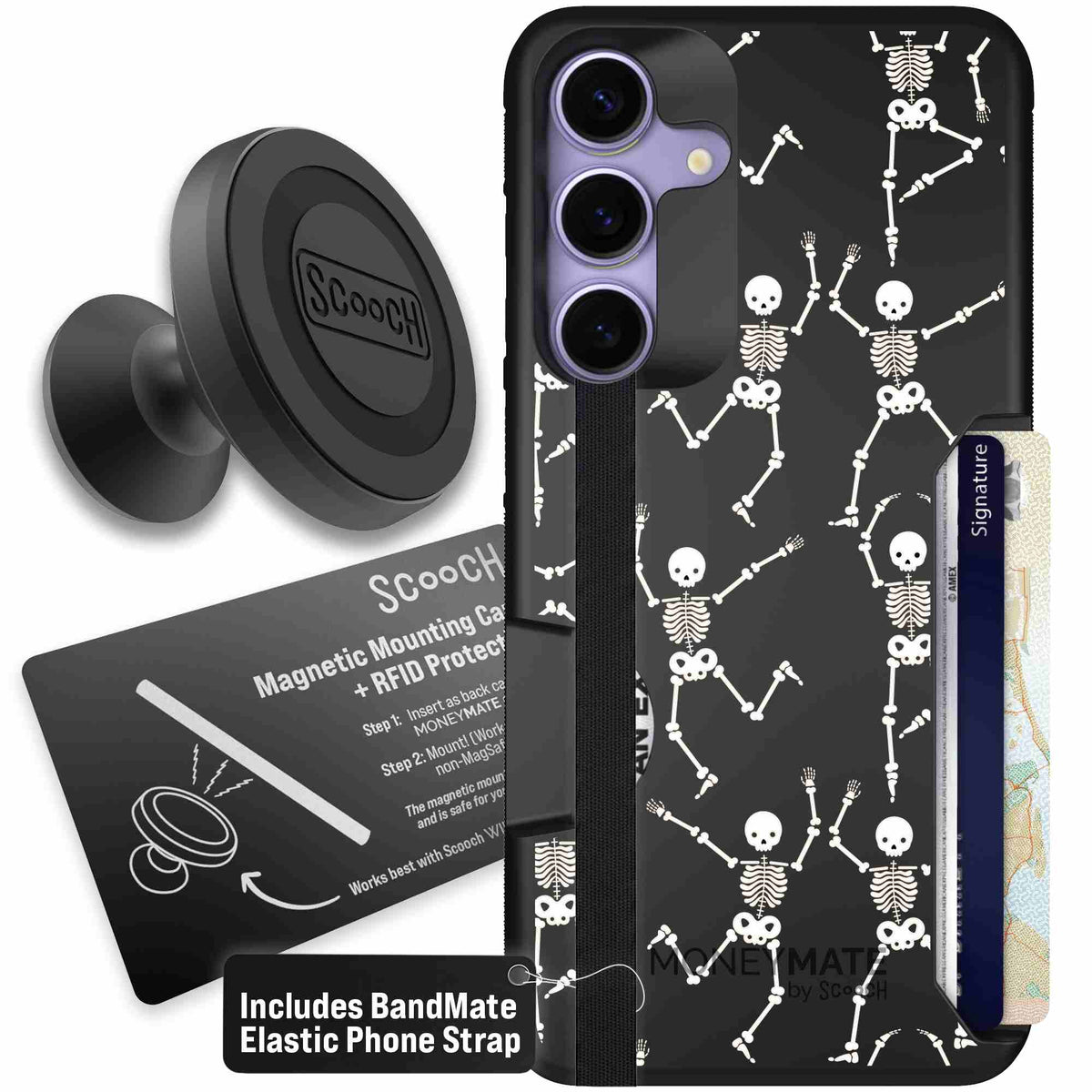 Swinging Skeletons white dancing skeleton pattern on a black scoochzza Moneymate case for Galaxy S25+ - Starter Bundle
