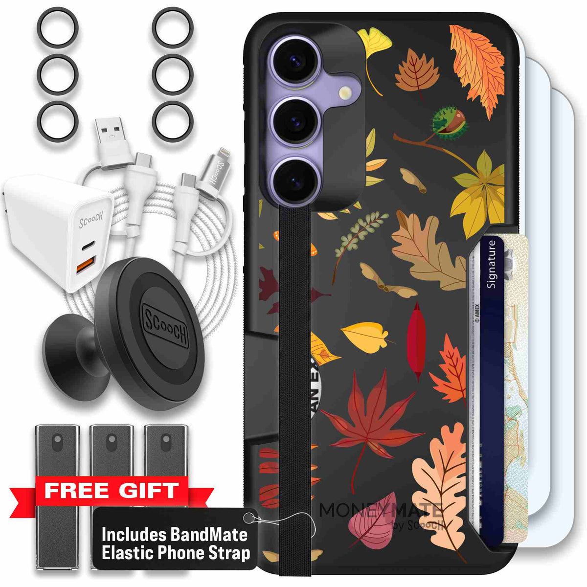 Autumn Leaves multicolored fall foliage pattern on a charcoal scoochzza Moneymate case for Galaxy S25+ - Ultimate Bundle