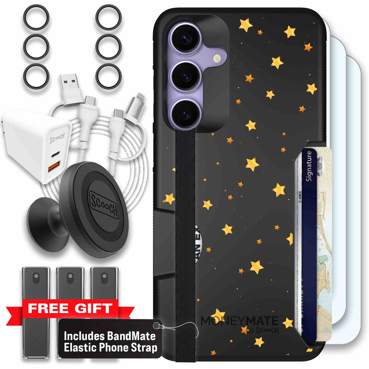 Gold Stars yellow and gold star pattern on a charcoal scoochzza Moneymate case for Galaxy S25+ - Ultimate Bundle