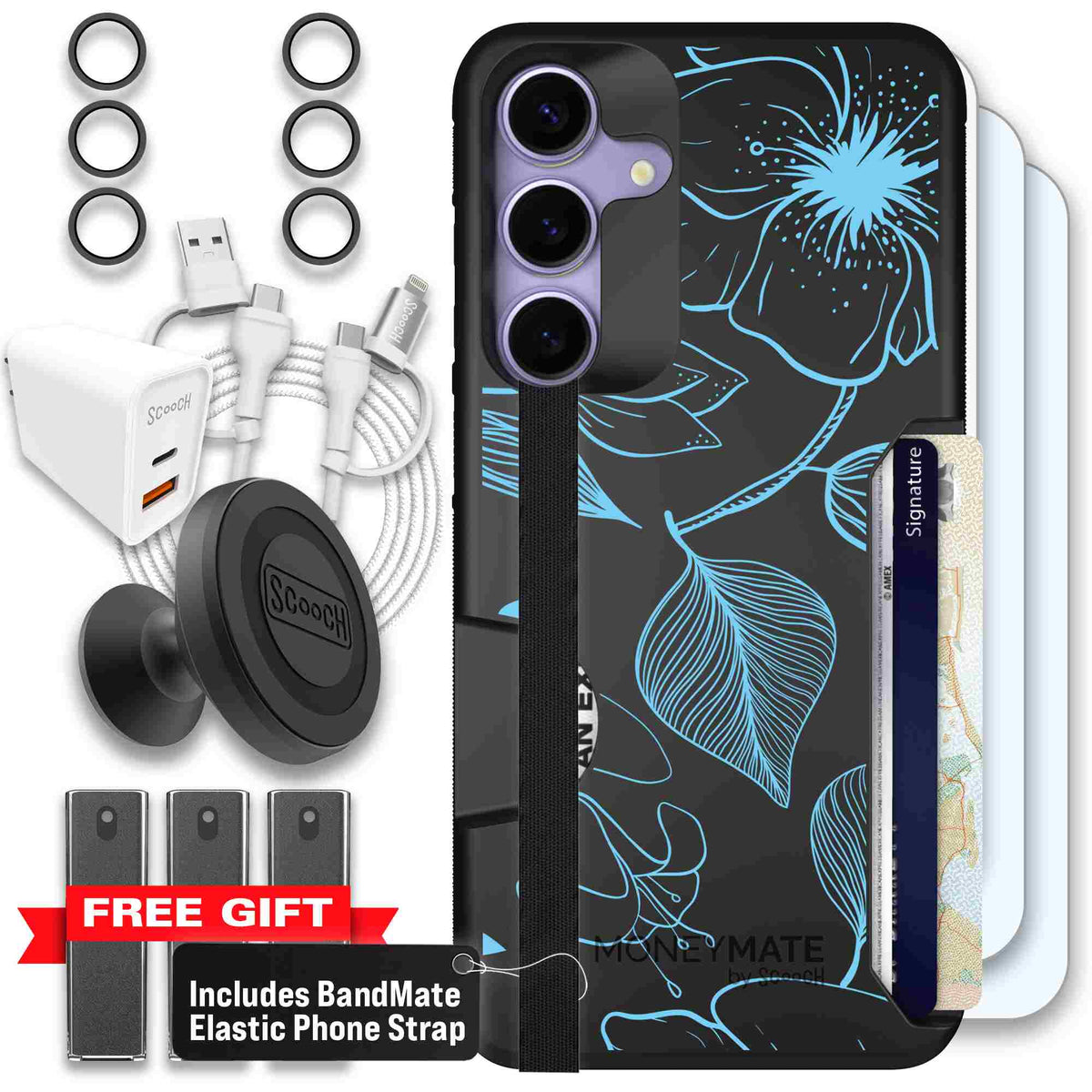 Blue Hibiscus cyan-blue tropical flower pattern on a charcoal scoochzza Moneymate case for Galaxy S25+ - Ultimate Bundle