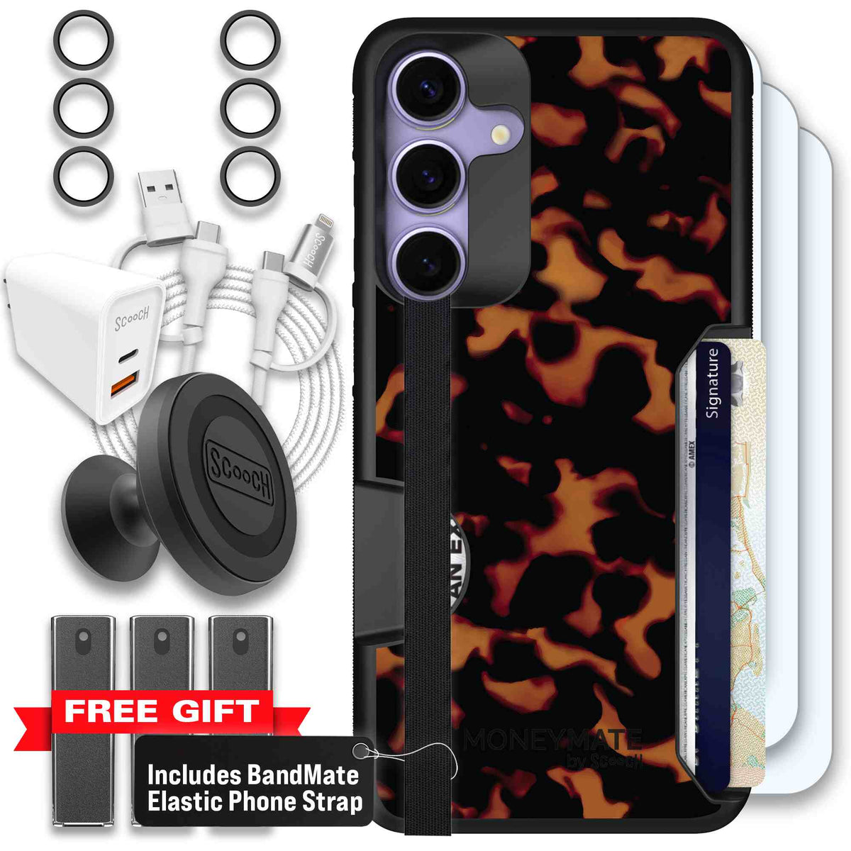 Tortoise Shell amber brown and black mottled pattern on a scoochzza Moneymate case for Galaxy S25+ - Ultimate Bundle