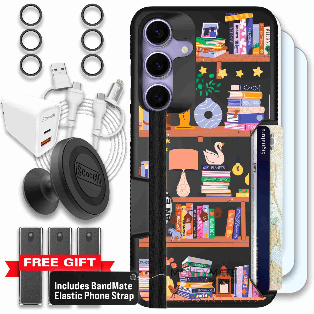 Little Library colorful book and bookshelf pattern on a scoochzza Moneymate case for Galaxy S25+ - Ultimate Bundle