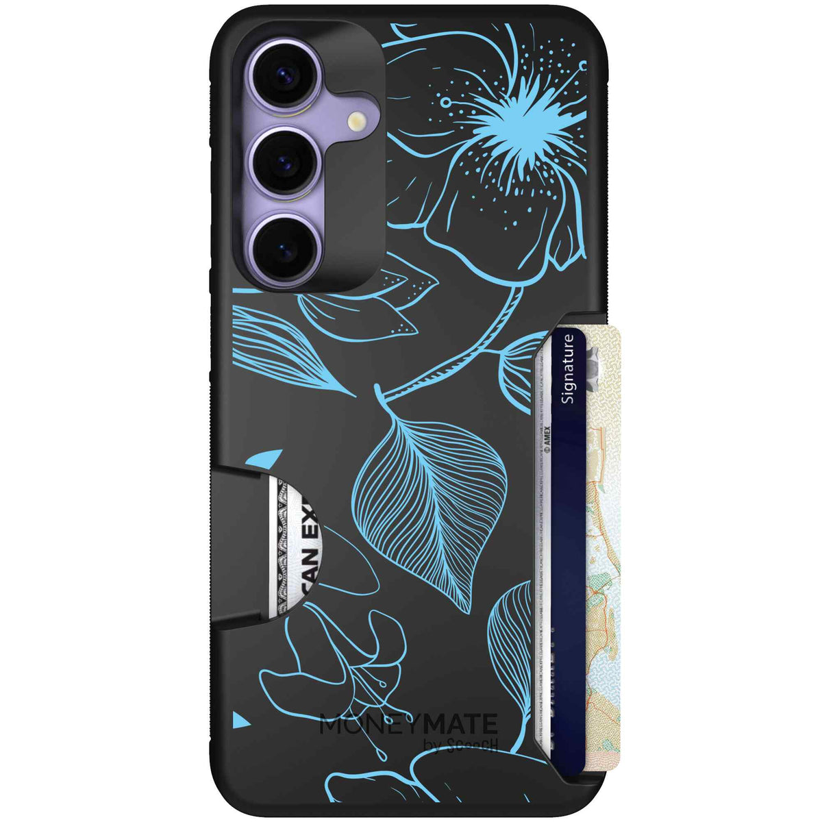 Blue Hibiscus cyan-blue tropical flower pattern on a charcoal scoochzza Moneymate case for Galaxy S25+