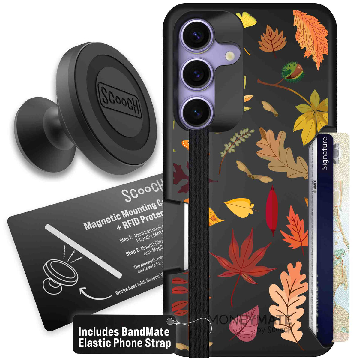 Autumn Leaves multicolored fall foliage pattern on a charcoal scoochzza Moneymate case for Galaxy S25 - Starter Bundle