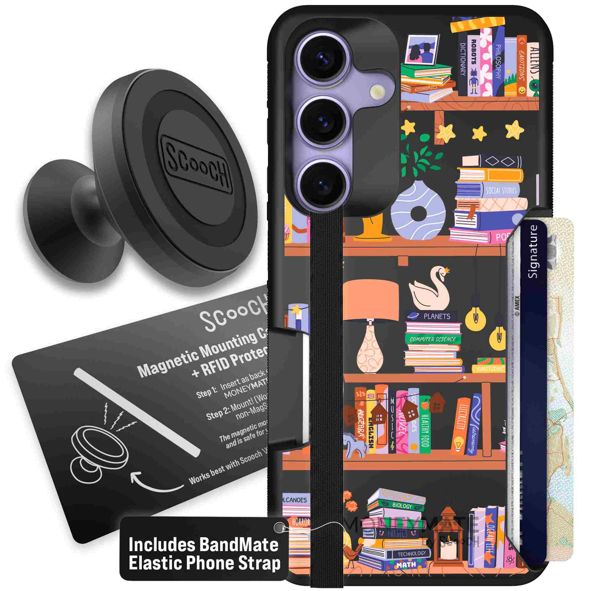 Little Library colorful book and bookshelf pattern on a scoochzza Moneymate case for Galaxy S25 - Starter Bundle