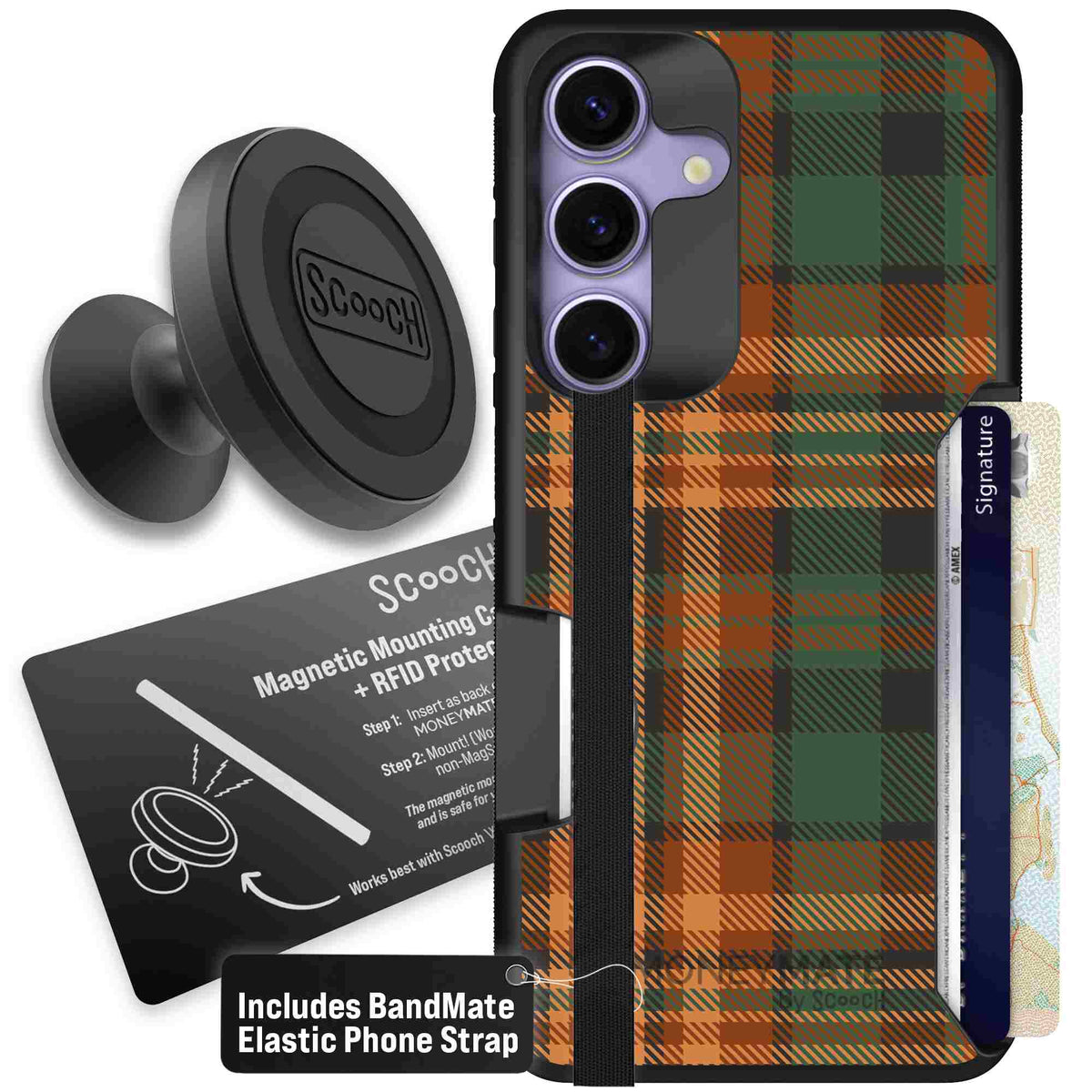Fall Flannel orange and brown plaid pattern on a scoochzza Moneymate case for Galaxy S25 - Starter Bundle