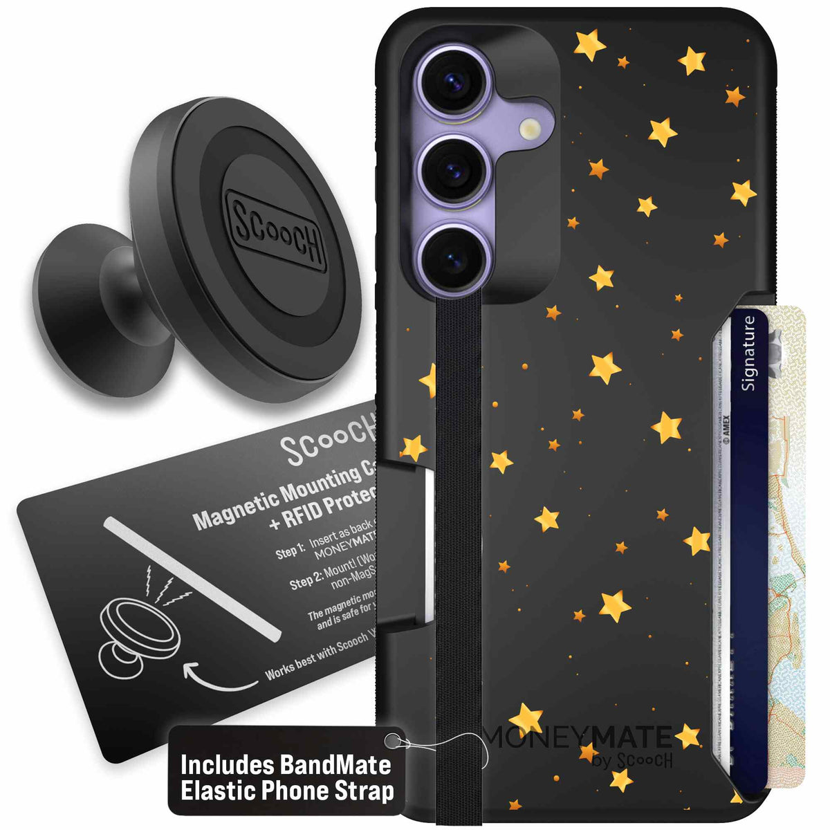 Gold Stars yellow and gold star pattern on a charcoal scoochzza Moneymate case for Galaxy S25 - Starter Bundle