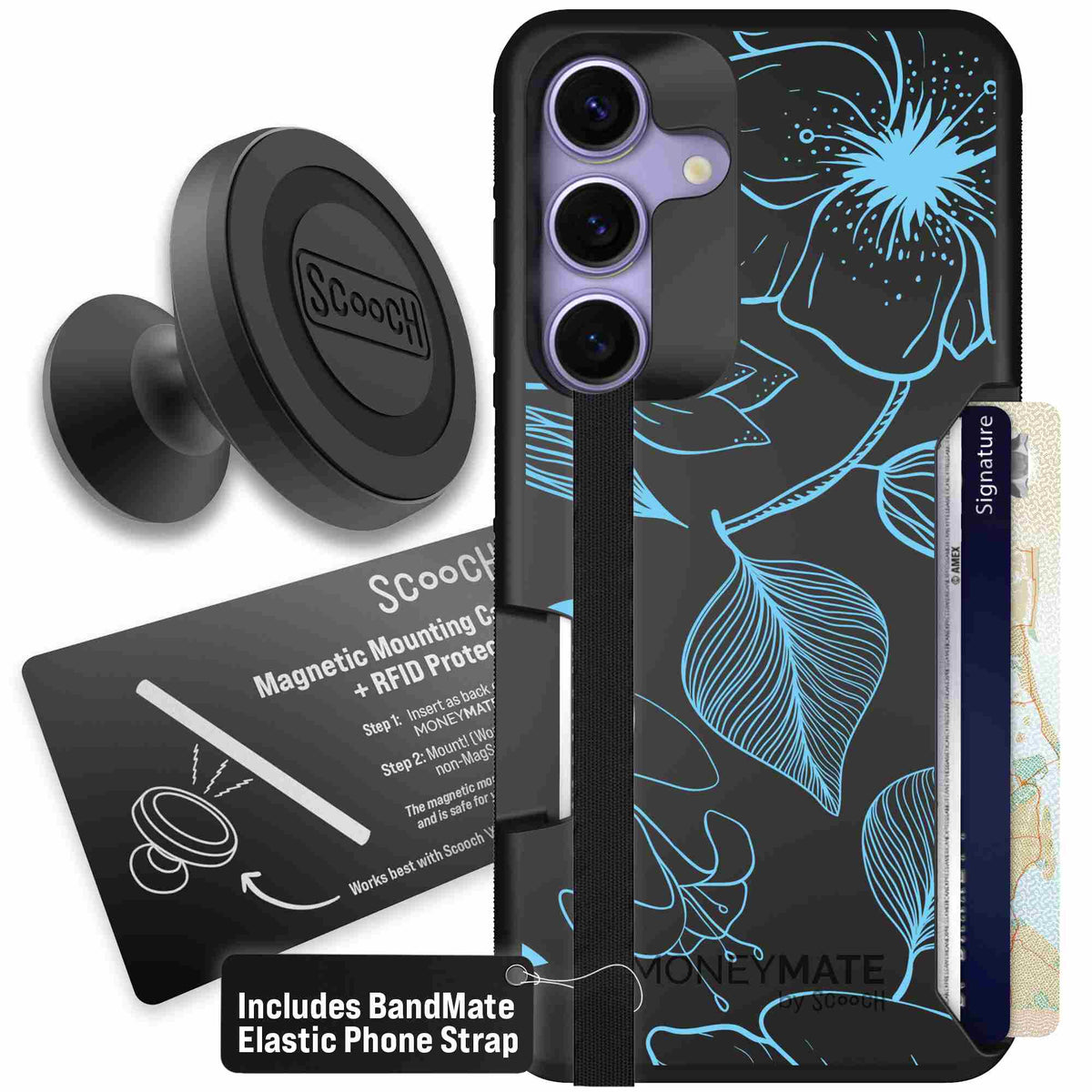 Blue Hibiscus cyan-blue tropical flower pattern on a charcoal scoochzza Moneymate case for Galaxy S25 - Starter Bundle