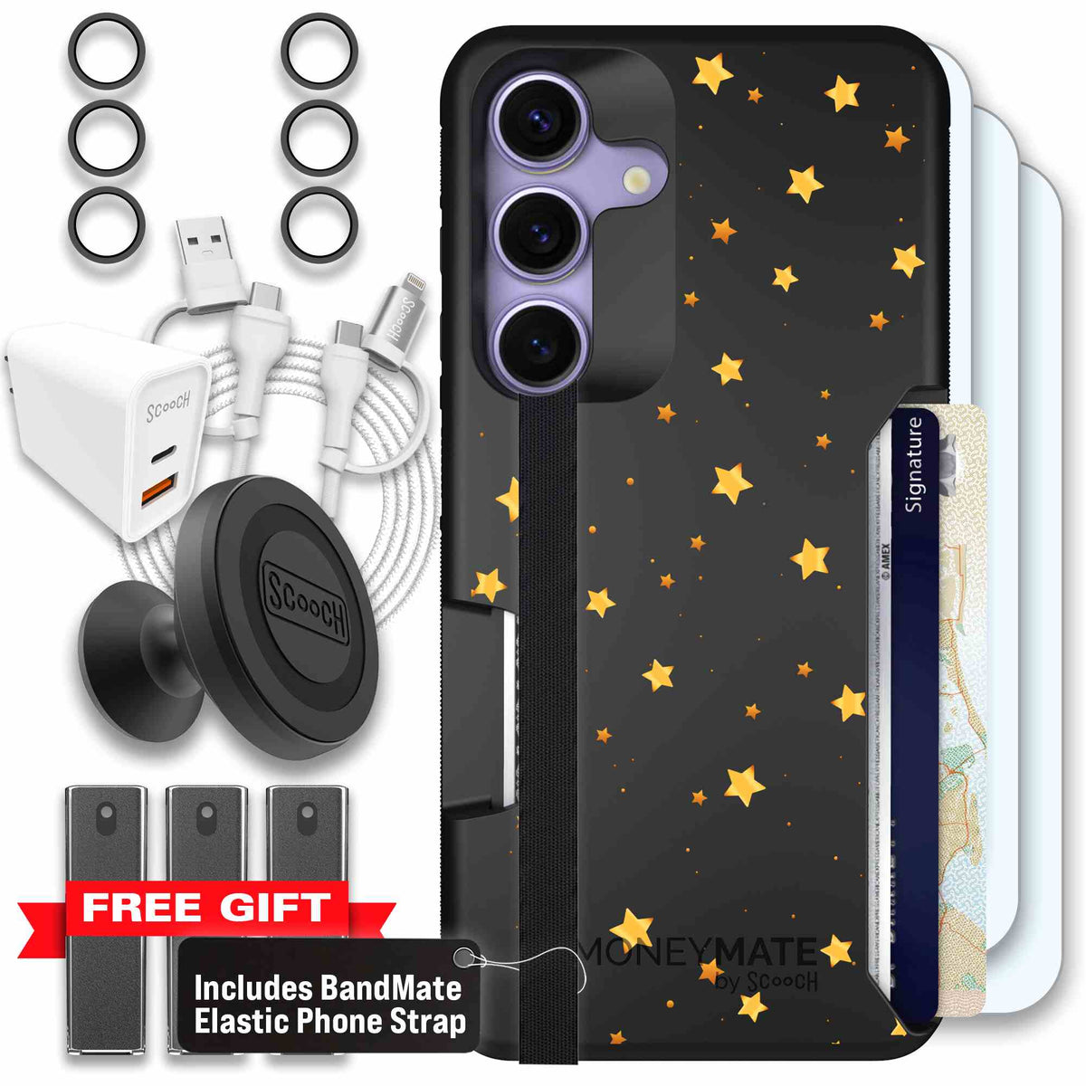 Gold Stars yellow and gold star pattern on a charcoal scoochzza Moneymate case for Galaxy S25 - Ultimate Bundle