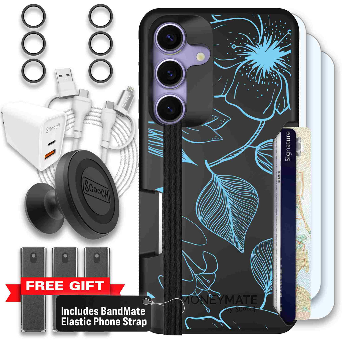 Blue Hibiscus cyan-blue tropical flower pattern on a charcoal scoochzza Moneymate case for Galaxy S25 - Ultimate Bundle