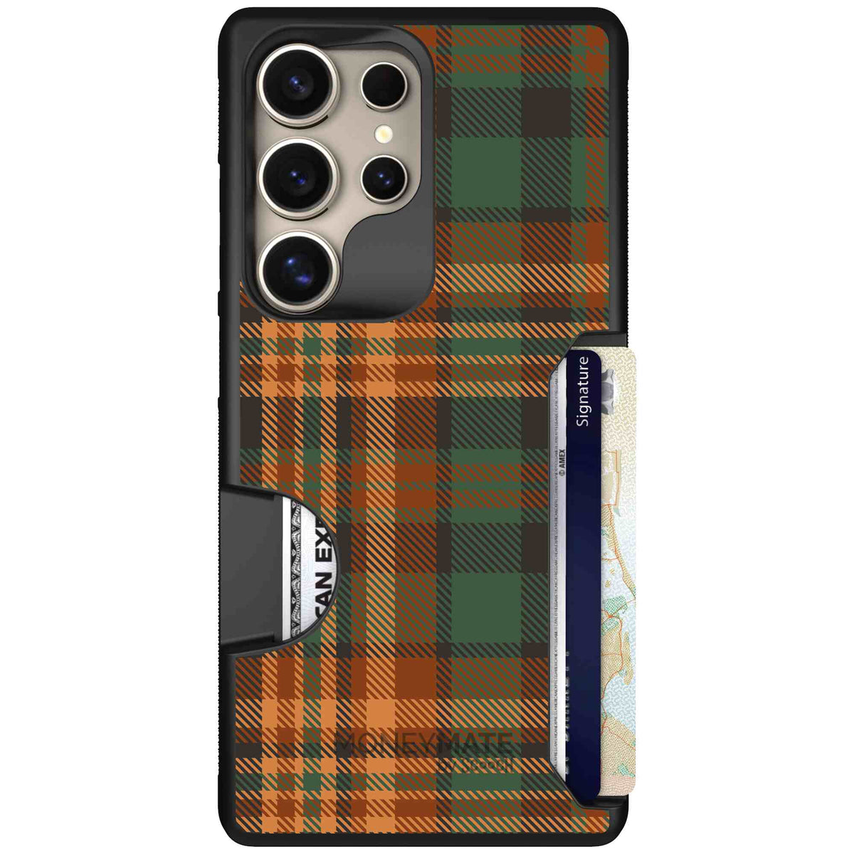 Fall Flannel orange and brown plaid pattern on a scoochzza Moneymate case for Galaxy S25 Ultra