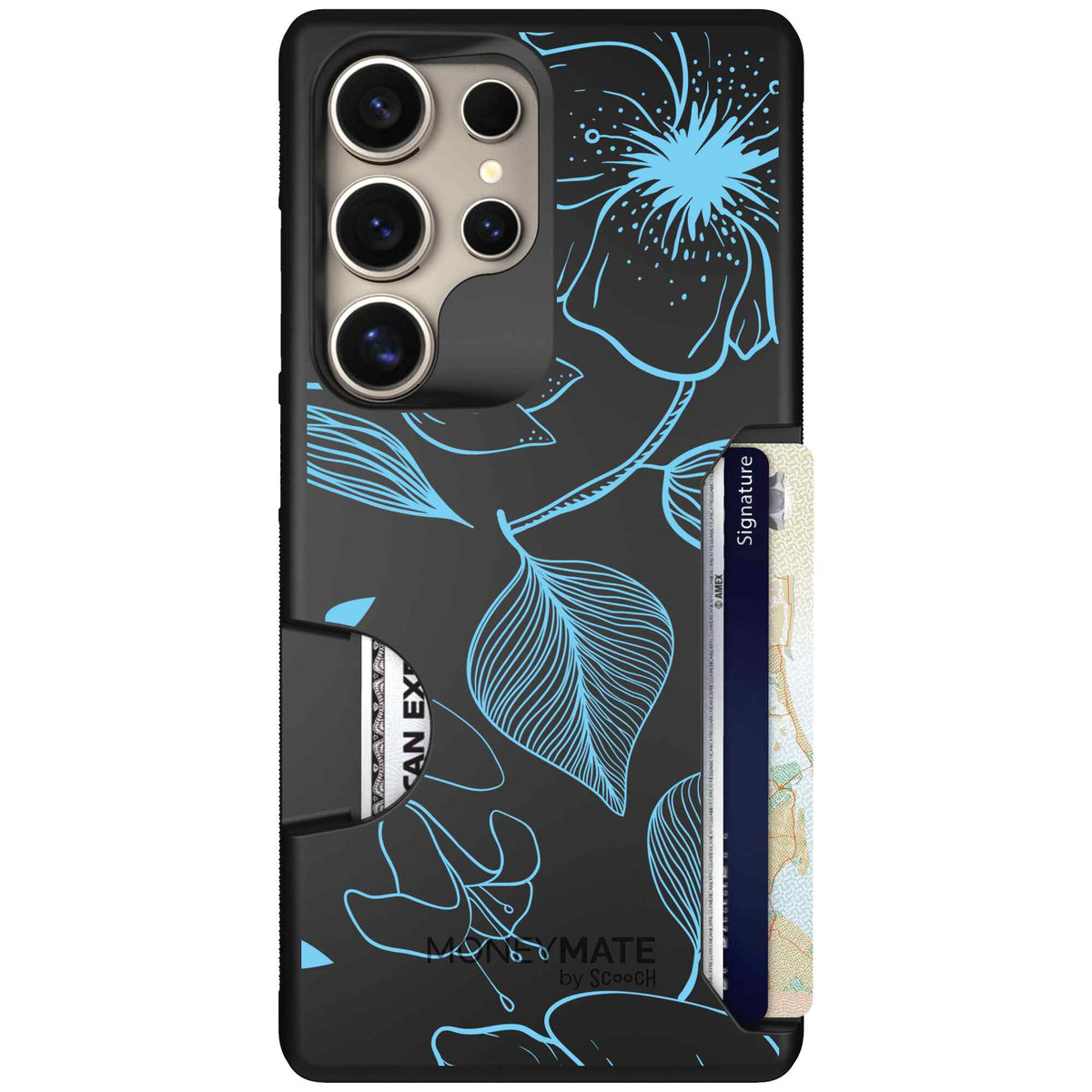 Blue Hibiscus cyan-blue tropical flower pattern on a charcoal scoochzza Moneymate case for Galaxy S25 Ultra