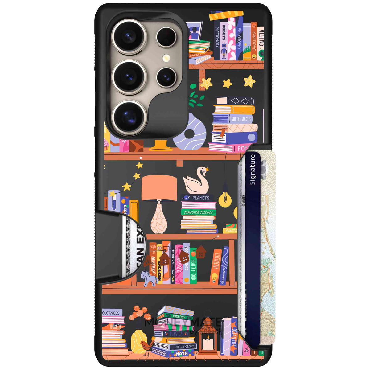 Little Library colorful book and bookshelf pattern on a scoochzza Moneymate case for Galaxy S25 Ultra