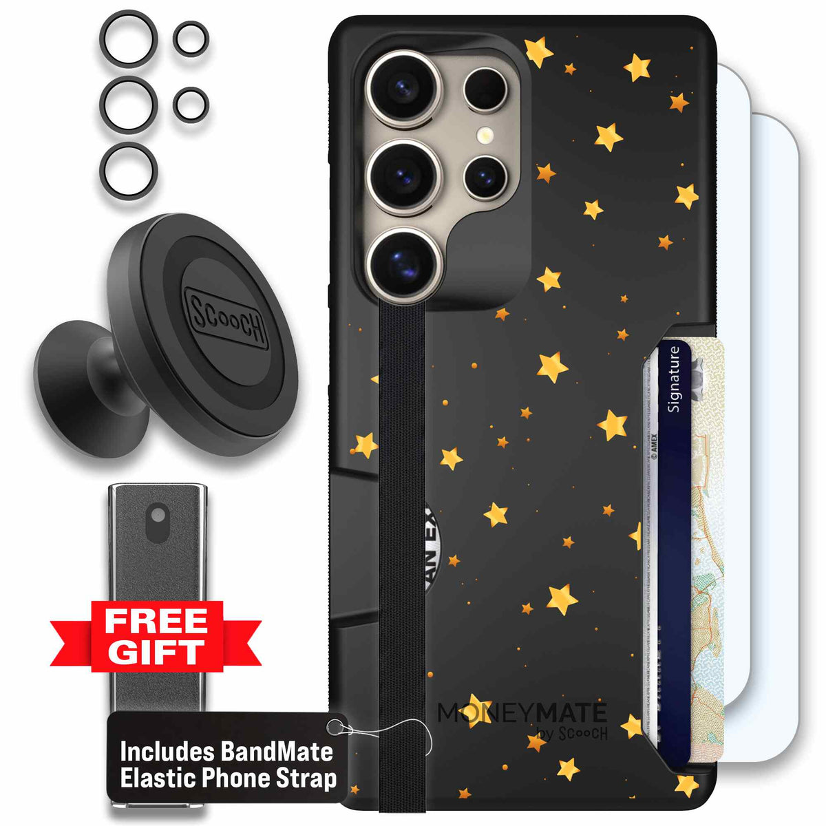 Gold Stars yellow and gold star pattern on a charcoal scoochzza Moneymate case for Galaxy S25 Ultra - Defender Bundle