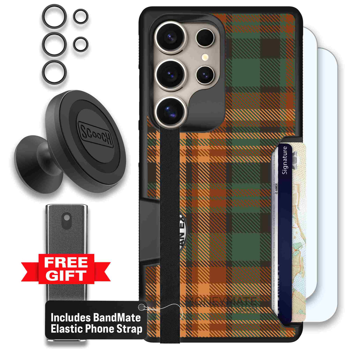 Fall Flannel orange and brown plaid pattern on a scoochzza Moneymate case for Galaxy S25 Ultra - Defender Bundle