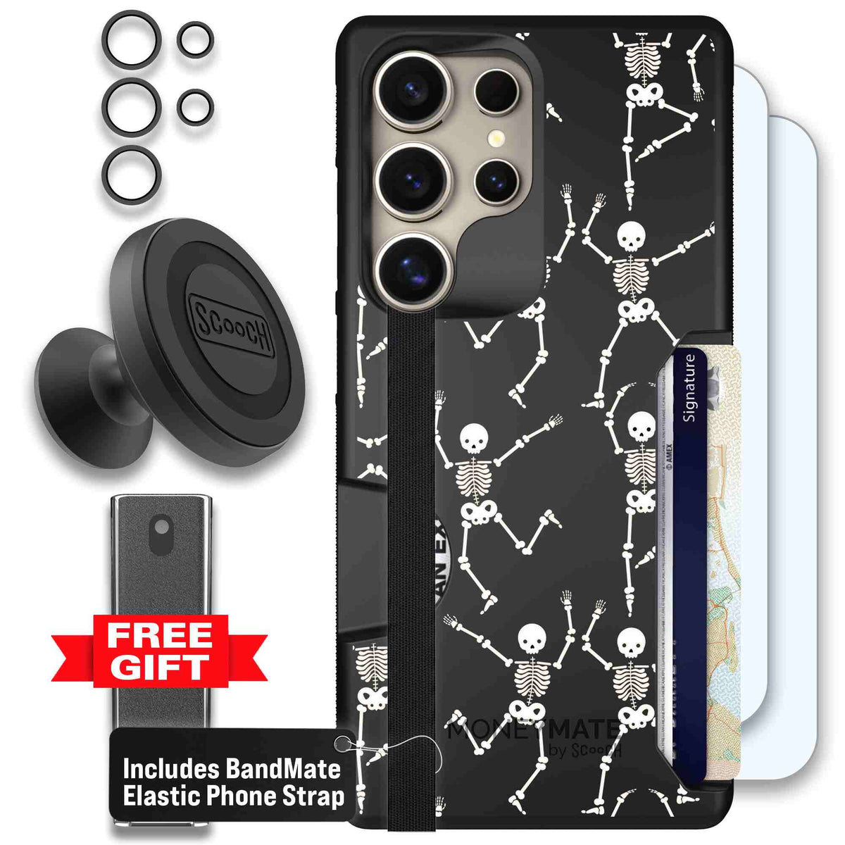 Swinging Skeletons white dancing skeleton pattern on a black scoochzza Moneymate case for Galaxy S25 Ultra - Defender Bundle