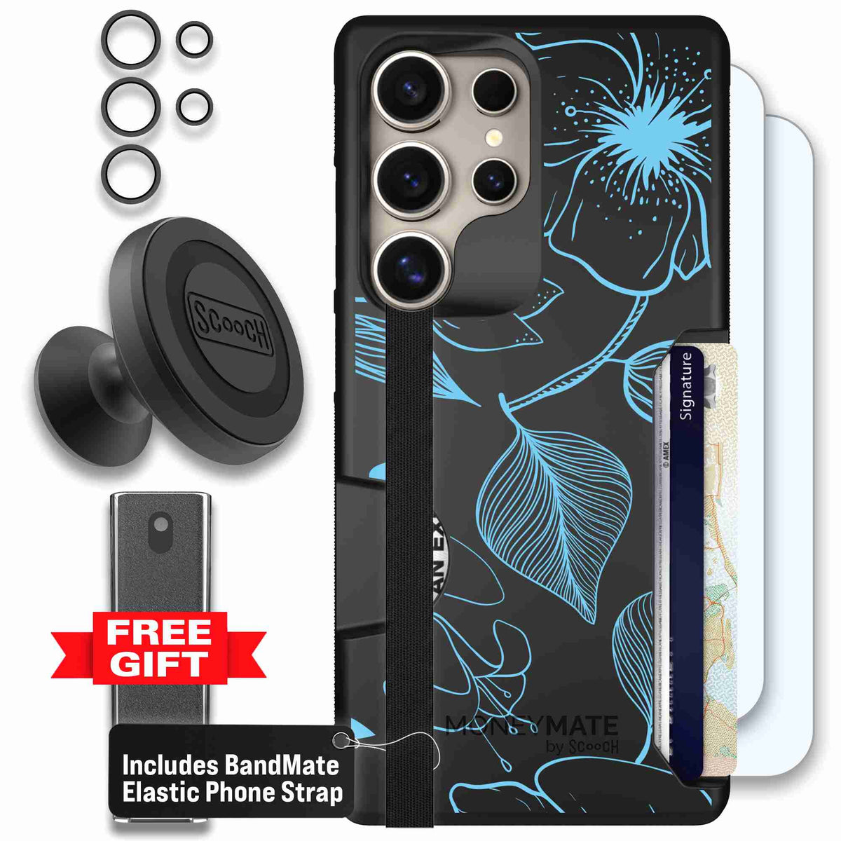 Blue Hibiscus cyan-blue tropical flower pattern on a charcoal scoochzza Moneymate case for Galaxy S25 Ultra - Defender Bundle