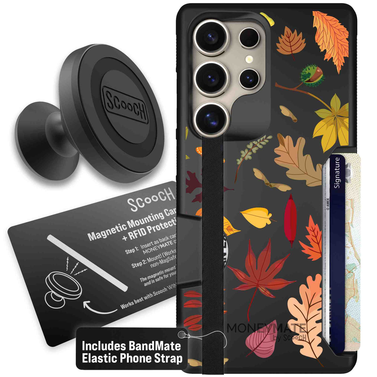 Autumn Leaves multicolored fall foliage pattern on a charcoal scoochzza Moneymate case for Galaxy S25 Ultra - Starter Bundle
