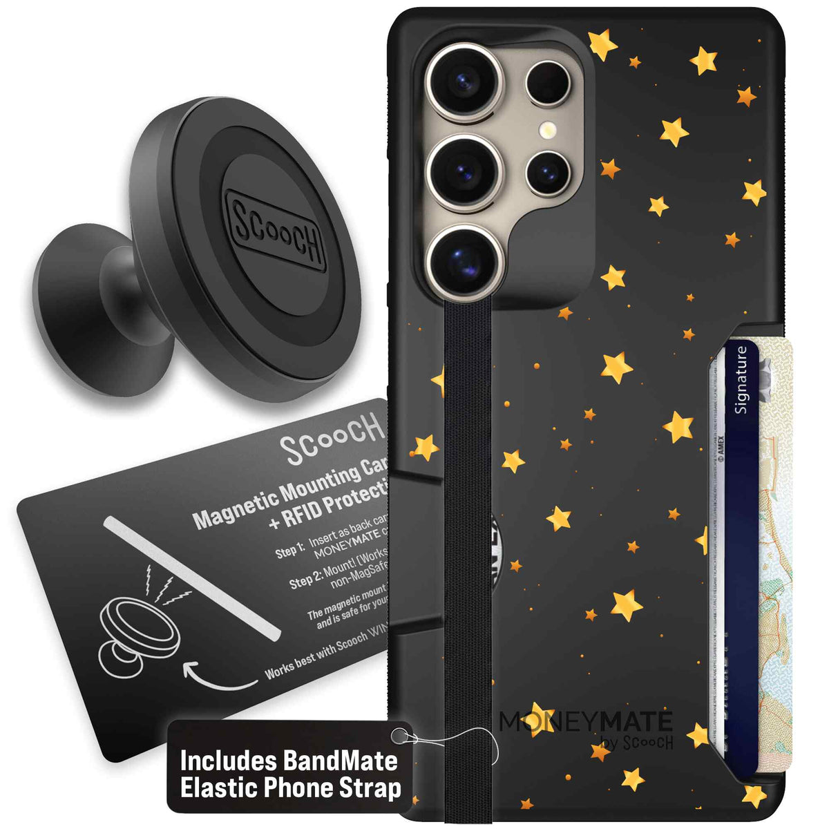 Gold Stars yellow and gold star pattern on a charcoal scoochzza Moneymate case for Galaxy S25 Ultra - Starter Bundle