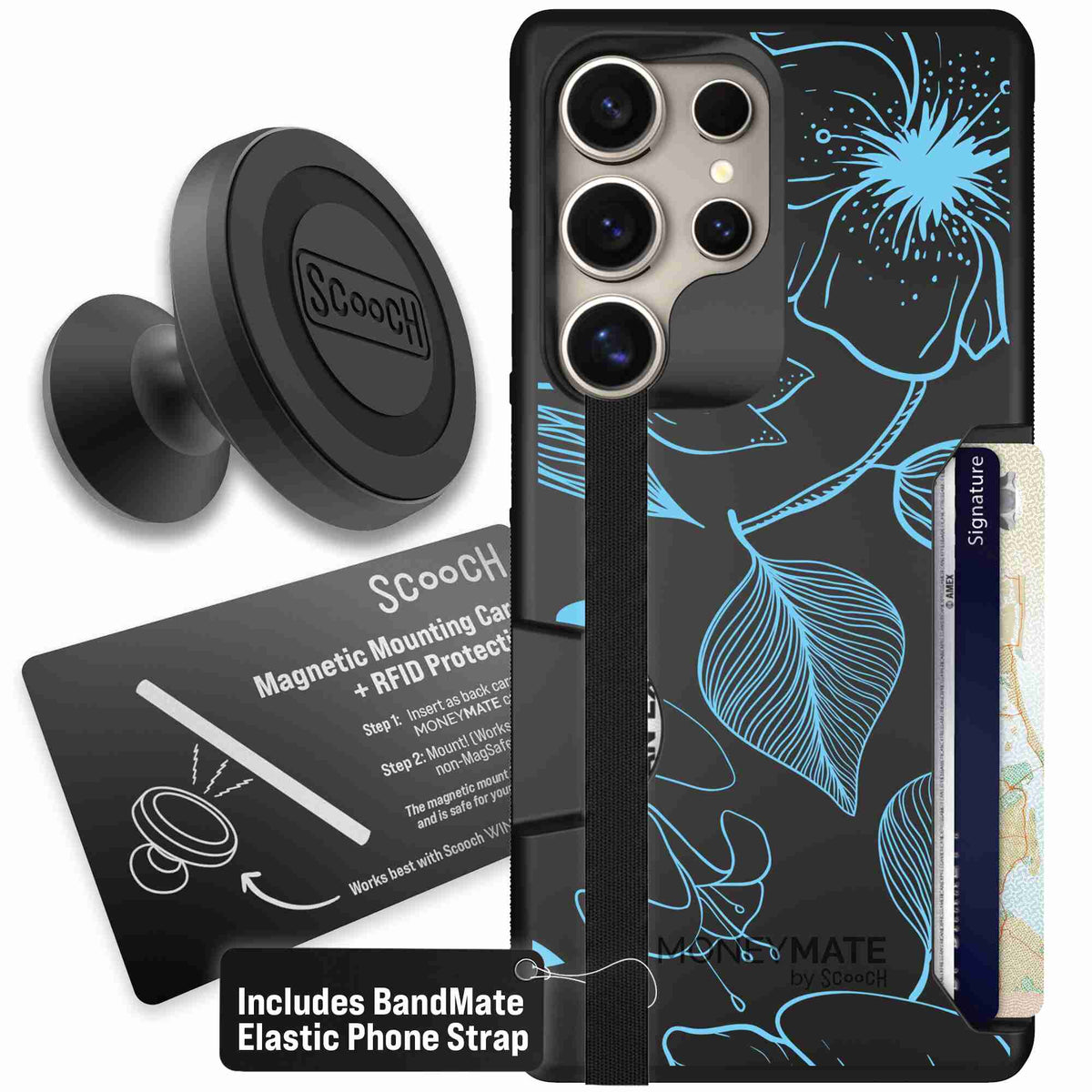 Blue Hibiscus cyan-blue tropical flower pattern on a charcoal scoochzza Moneymate case for Galaxy S25 Ultra - Starter Bundle