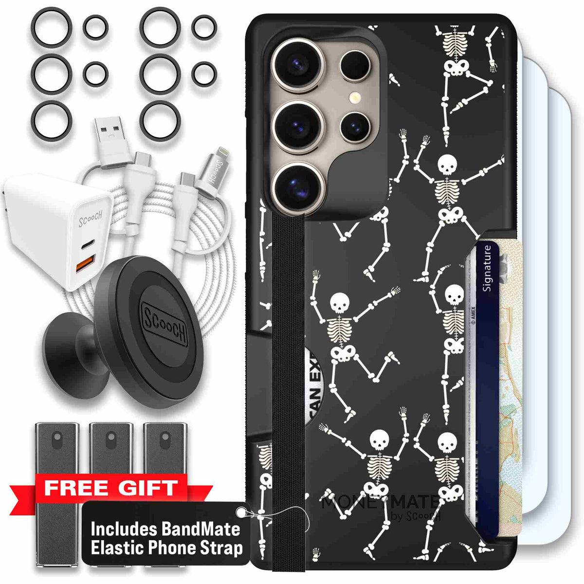 Swinging Skeletons white dancing skeleton pattern on a black scoochzza Moneymate case for Galaxy S25 Ultra - Ultimate Bundle