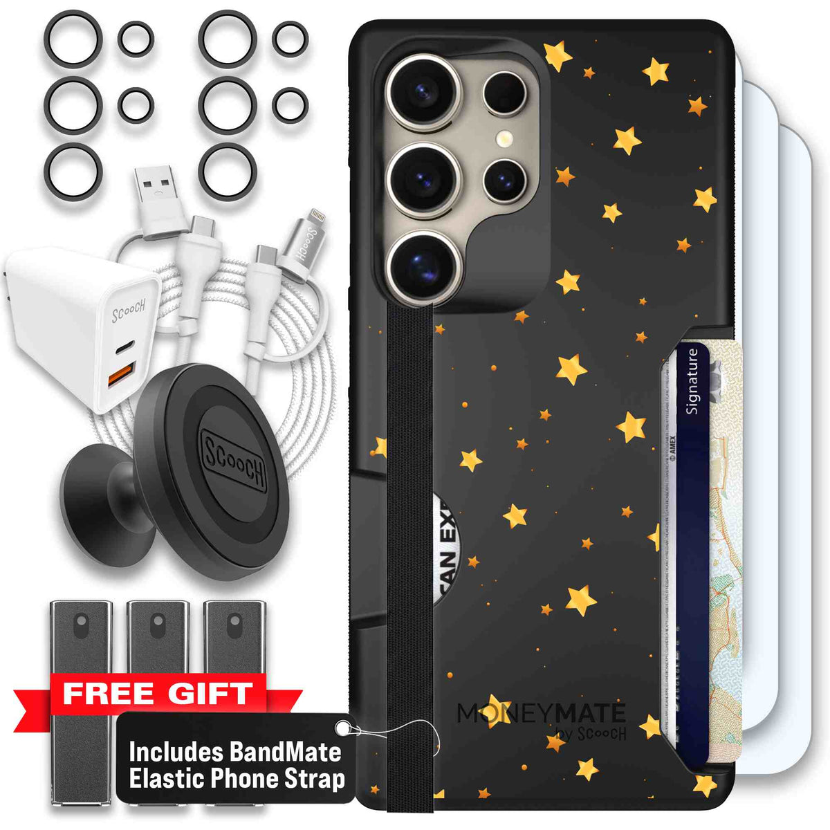 Gold Stars yellow and gold star pattern on a charcoal scoochzza Moneymate case for Galaxy S25 Ultra - Ultimate Bundle