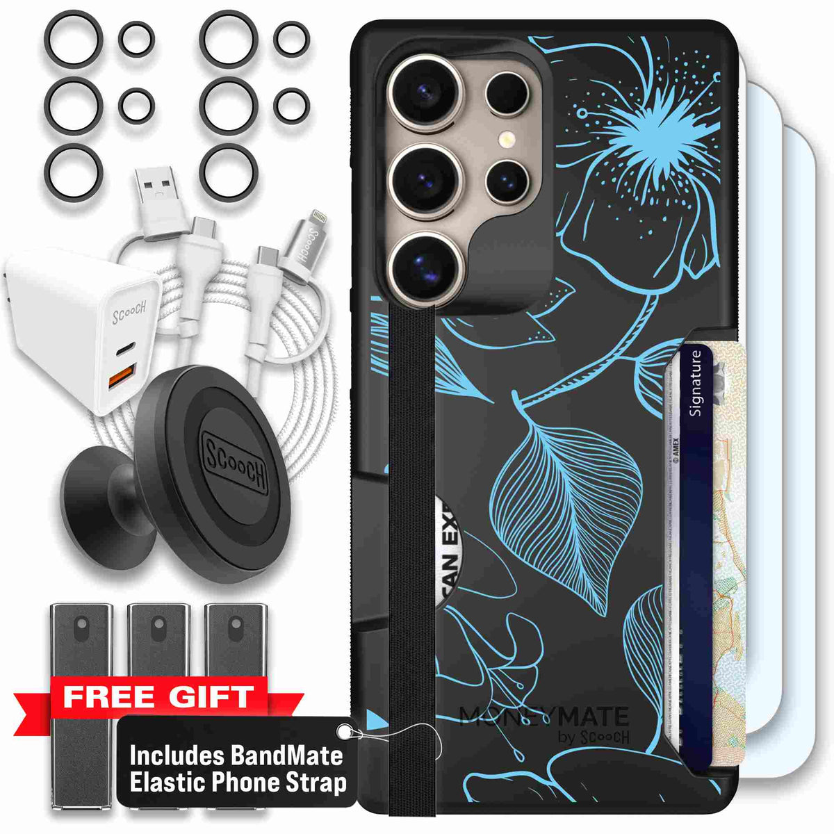 Blue Hibiscus cyan-blue tropical flower pattern on a charcoal scoochzza Moneymate case for Galaxy S25 Ultra - Ultimate Bundle