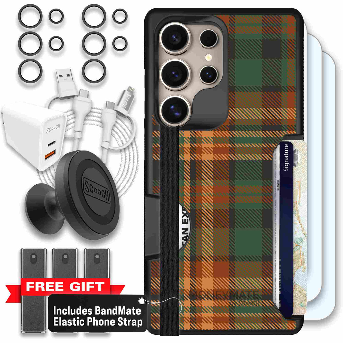 Fall Flannel orange and brown plaid pattern on a scoochzza Moneymate case for Galaxy S25 Ultra - Ultimate Bundle