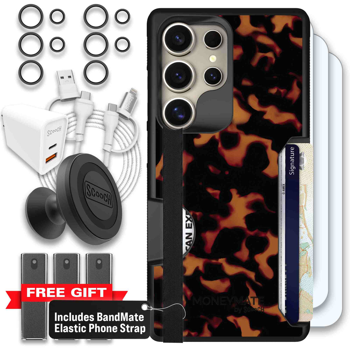 Tortoise Shell amber brown and black mottled pattern on a scoochzza Moneymate case for Galaxy S25 Ultra - Ultimate Bundle