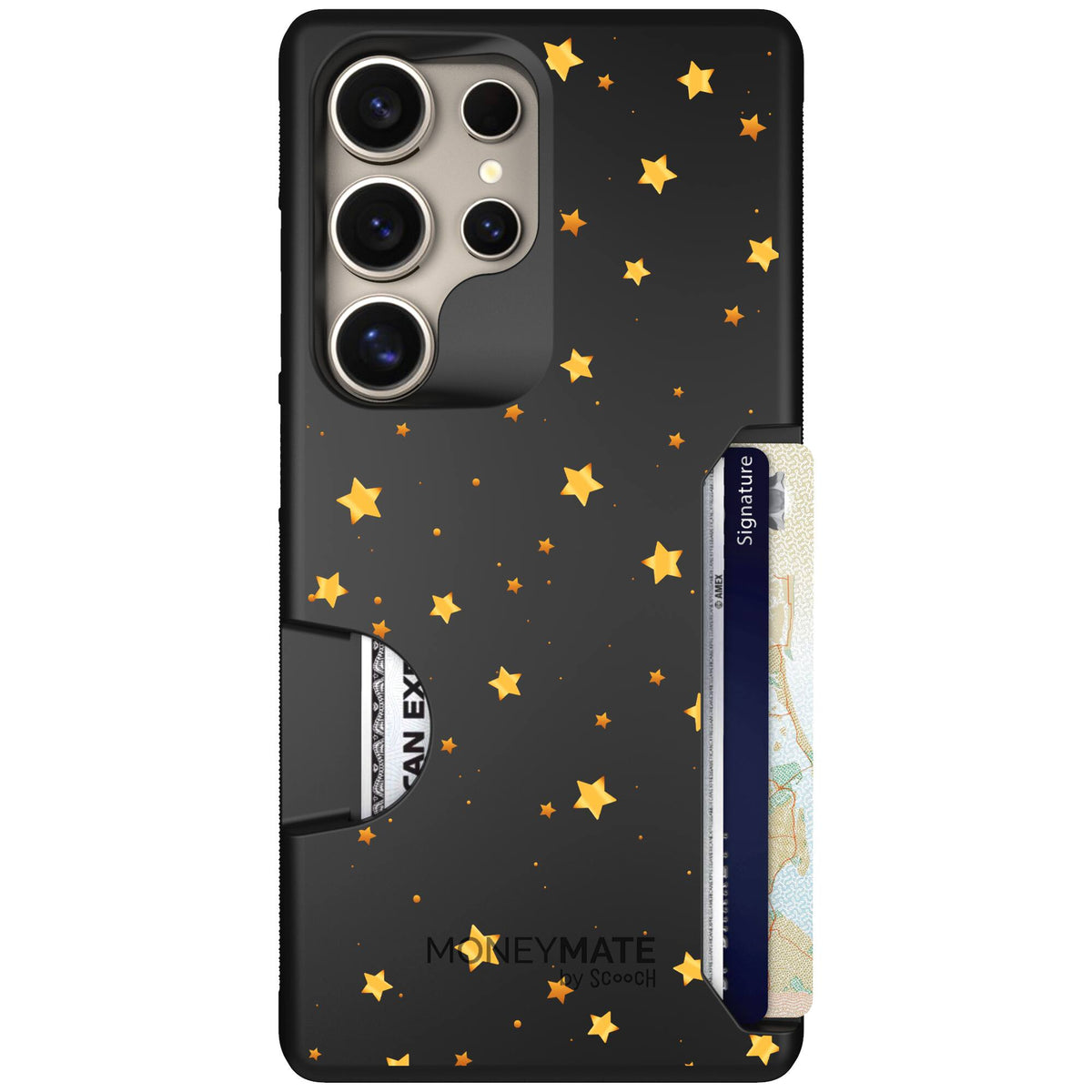 Gold Stars yellow and gold star pattern on a charcoal scoochzza Moneymate case for Galaxy S25 Ultra