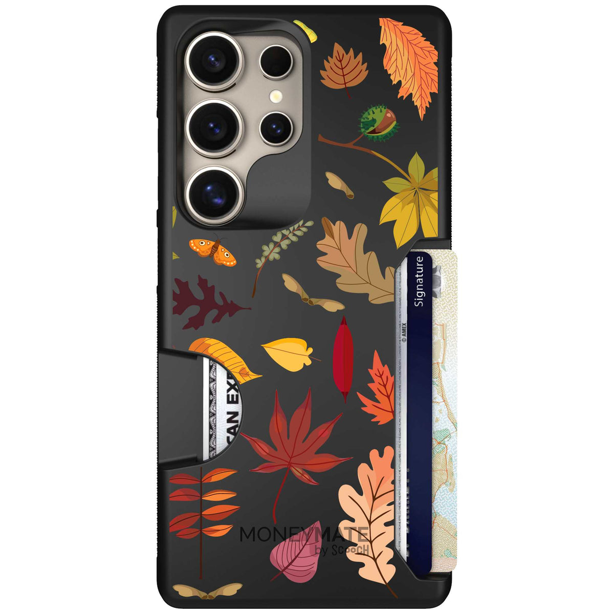 Autumn Leaves multicolored fall foliage pattern on a charcoal scoochzza Moneymate case for Galaxy S25 Ultra