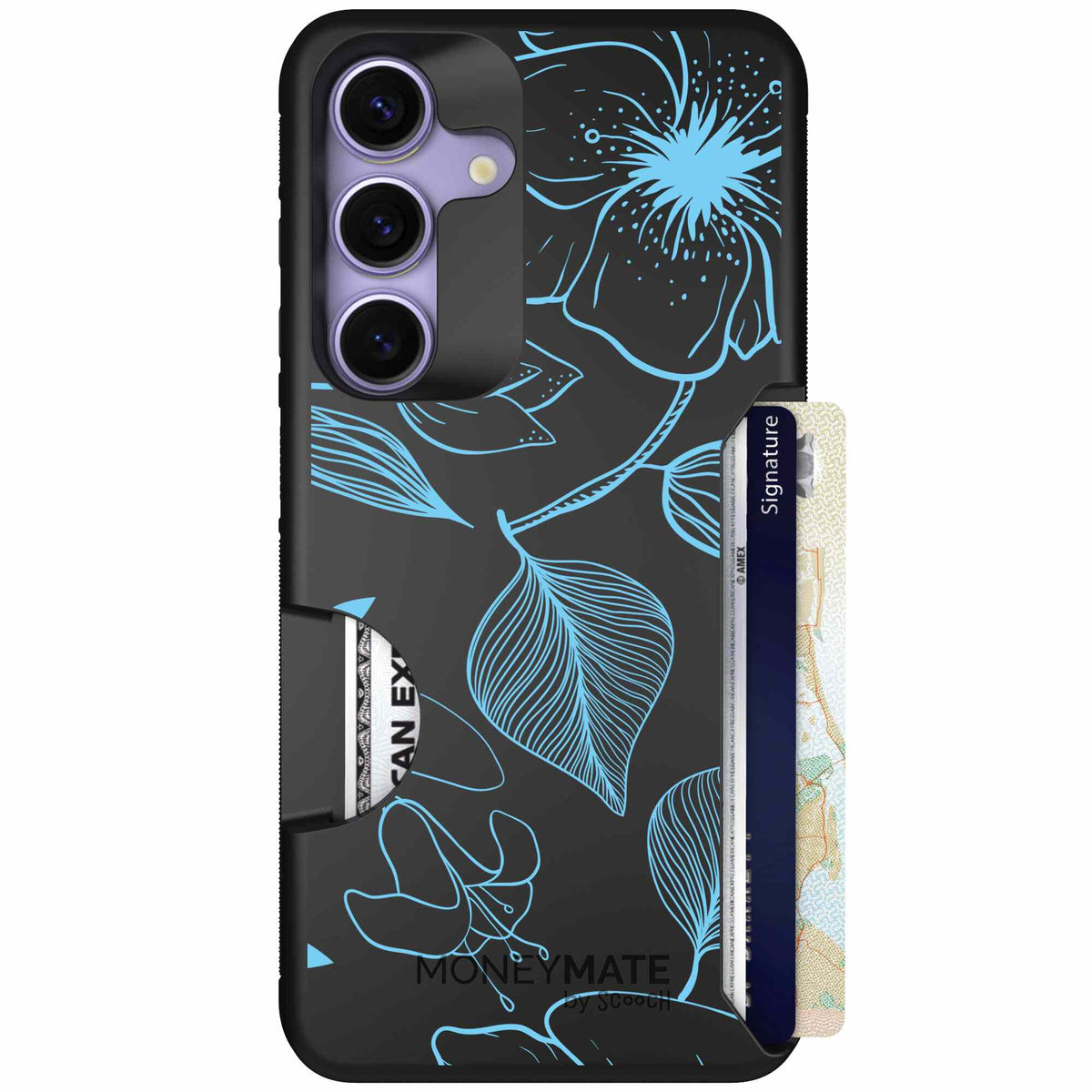 Blue Hibiscus cyan-blue tropical flower pattern on a charcoal scoochzza Moneymate case for Galaxy S25