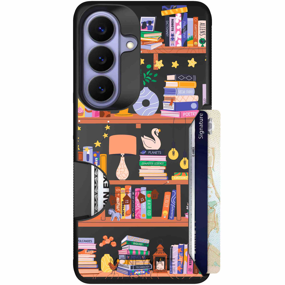 Little Library colorful book and bookshelf pattern on a scoochzza Moneymate case for Galaxy S26