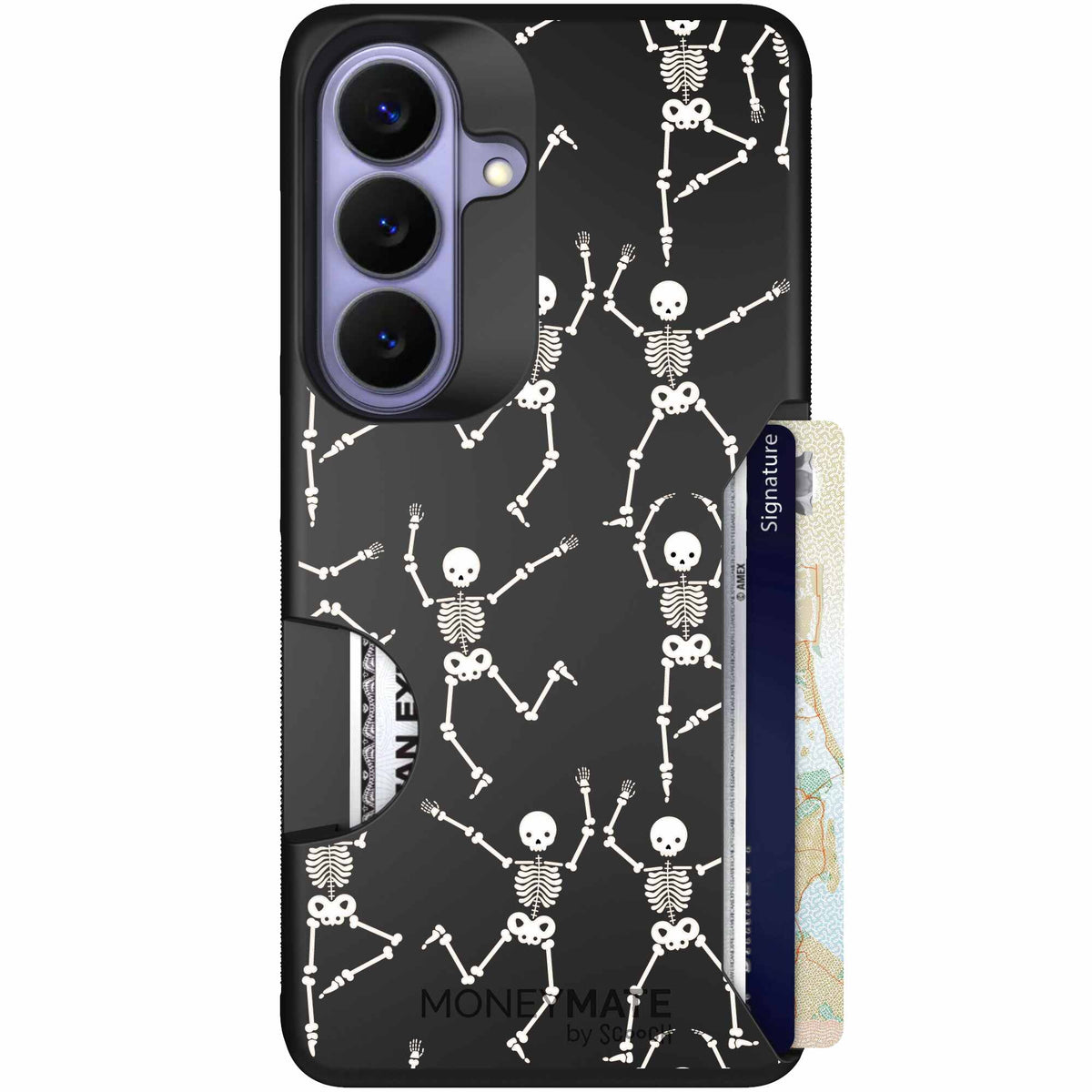 Swinging Skeletons white dancing skeleton pattern on a black scoochzza Moneymate case for Galaxy S26