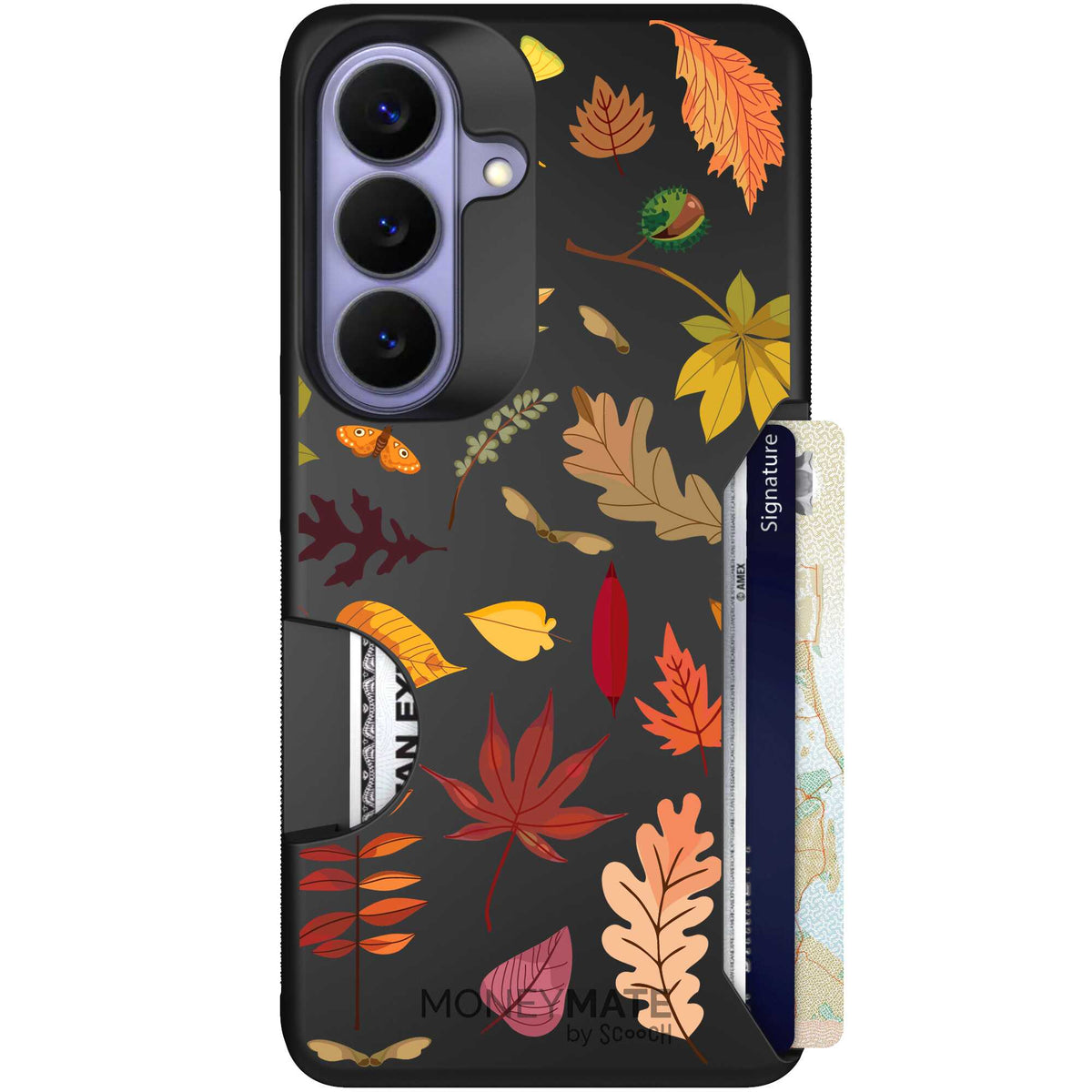 Autumn Leaves multicolored fall foliage pattern on a charcoal scoochzza Moneymate case for Galaxy S26