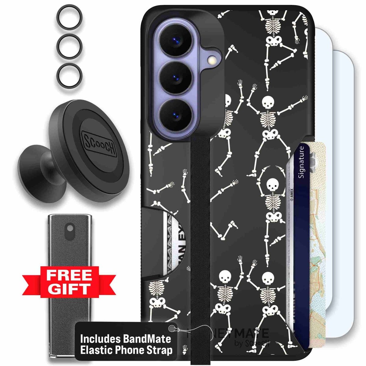 Swinging Skeletons white dancing skeleton pattern on a black scoochzza Moneymate case for Galaxy S26 - Defender Bundle