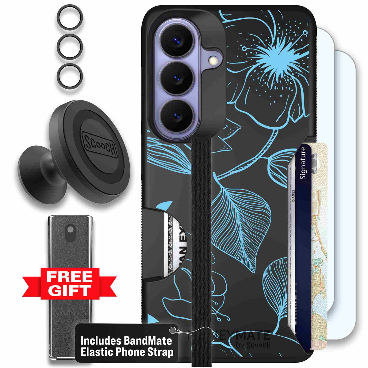 Blue Hibiscus cyan-blue tropical flower pattern on a charcoal scoochzza Moneymate case for Galaxy S26 - Defender Bundle