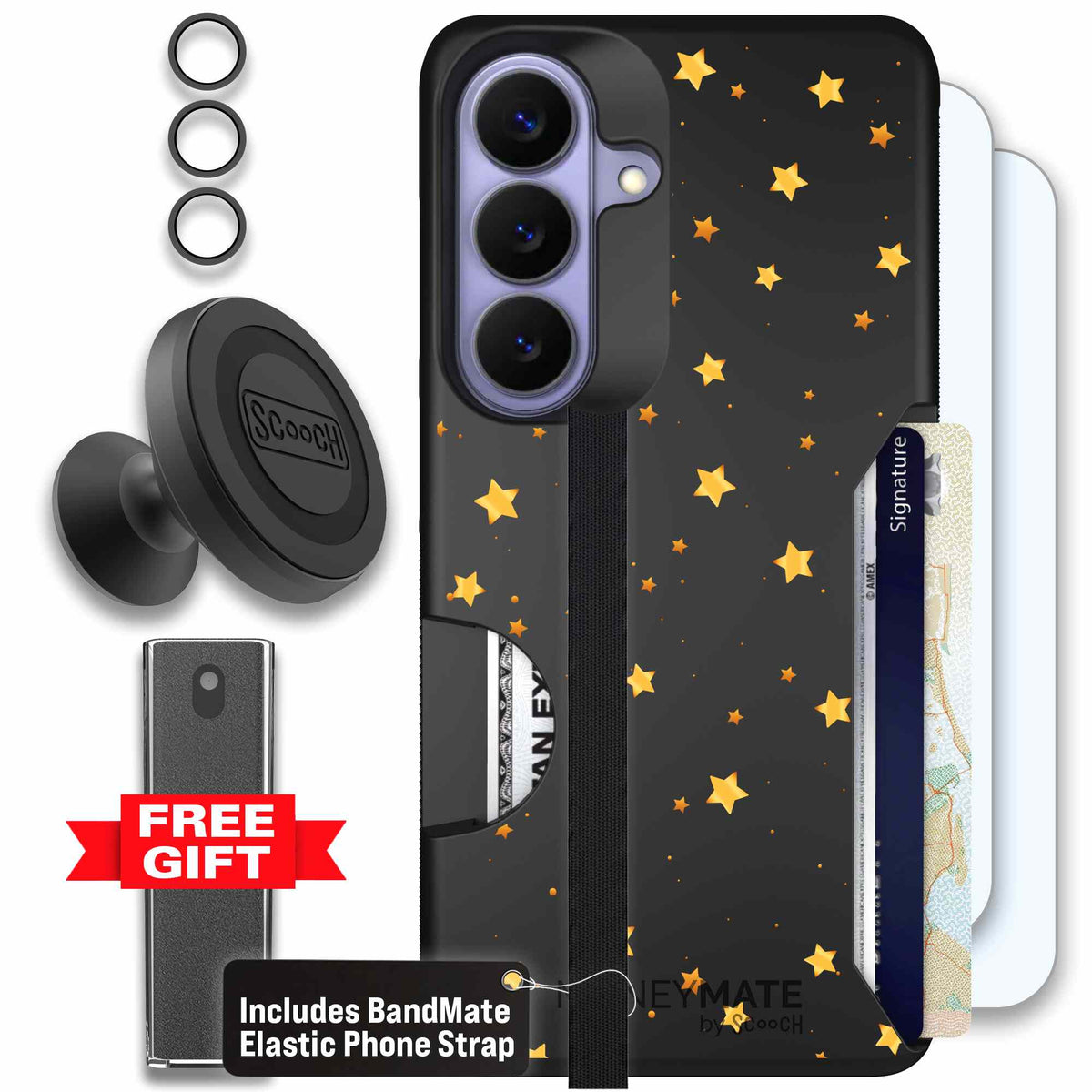 Gold Stars yellow and gold star pattern on a charcoal scoochzza Moneymate case for Galaxy S26 - Defender Bundle