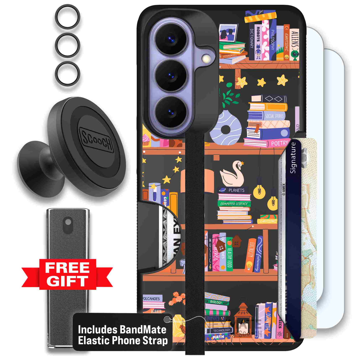 Little Library colorful book and bookshelf pattern on a scoochzza Moneymate case for Galaxy S26 - Defender Bundle