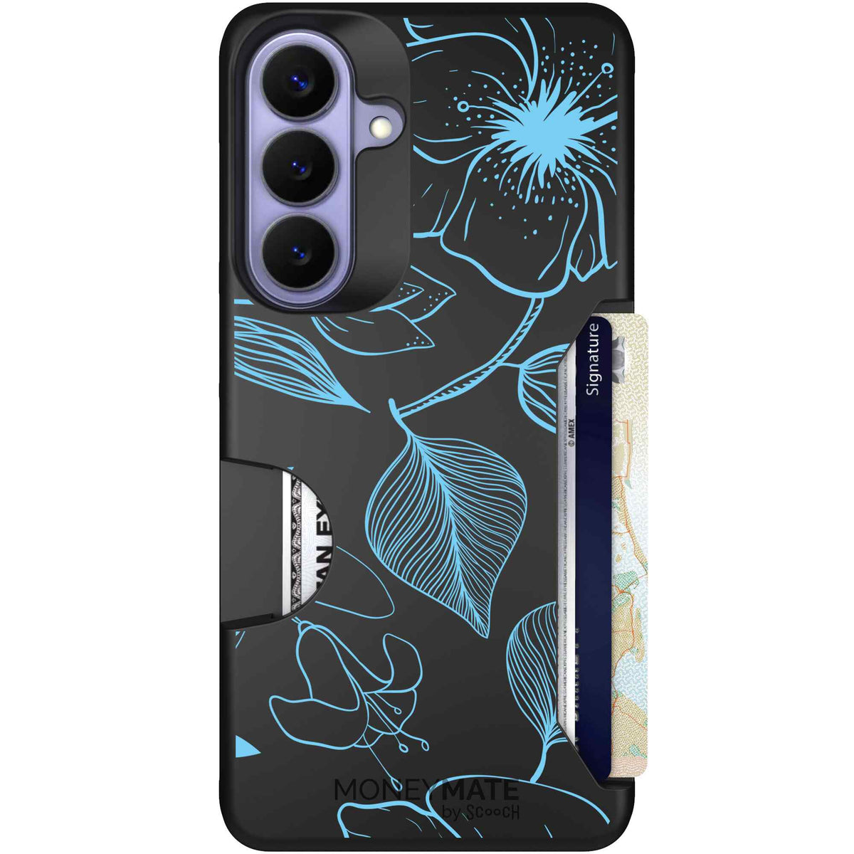 Blue Hibiscus cyan-blue tropical flower pattern on a charcoal scoochzza Moneymate case for Galaxy S26+