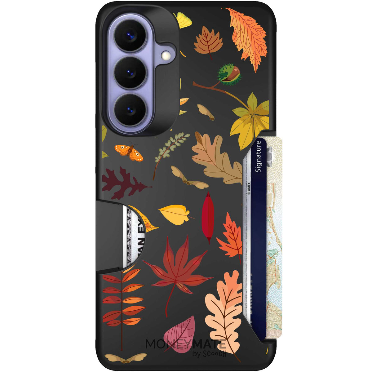 Autumn Leaves multicolored fall foliage pattern on a charcoal scoochzza Moneymate case for Galaxy S26+