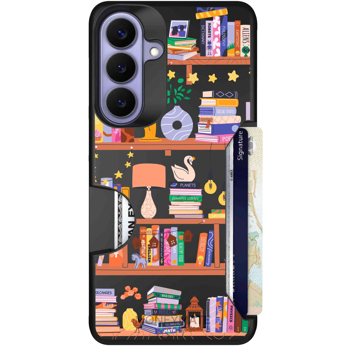Little Library colorful book and bookshelf pattern on a scoochzza Moneymate case for Galaxy S26+
