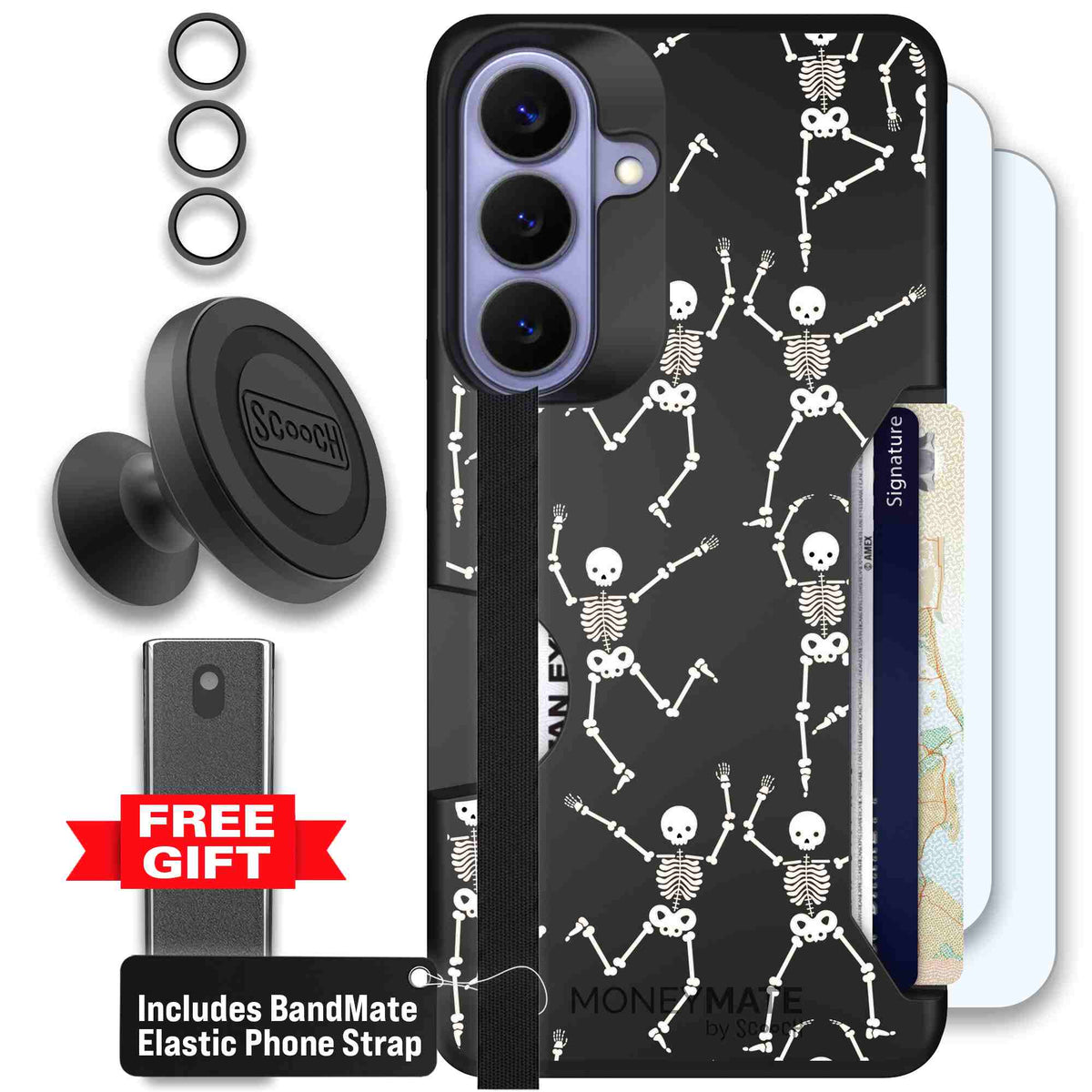 Swinging Skeletons white dancing skeleton pattern on a black scoochzza Moneymate case for Galaxy S26+ - Defender Bundle