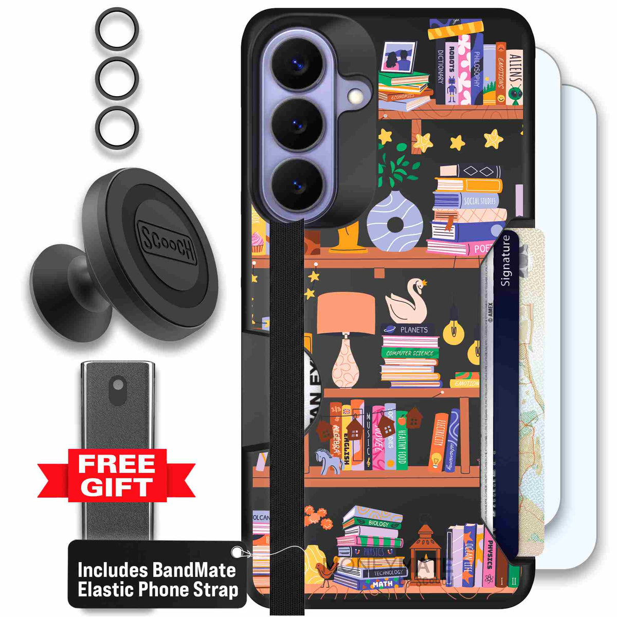 Little Library colorful book and bookshelf pattern on a scoochzza Moneymate case for Galaxy S26+ - Defender Bundle