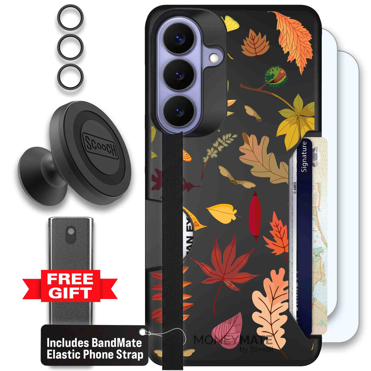 Autumn Leaves multicolored fall foliage pattern on a charcoal scoochzza Moneymate case for Galaxy S26+ - Defender Bundle