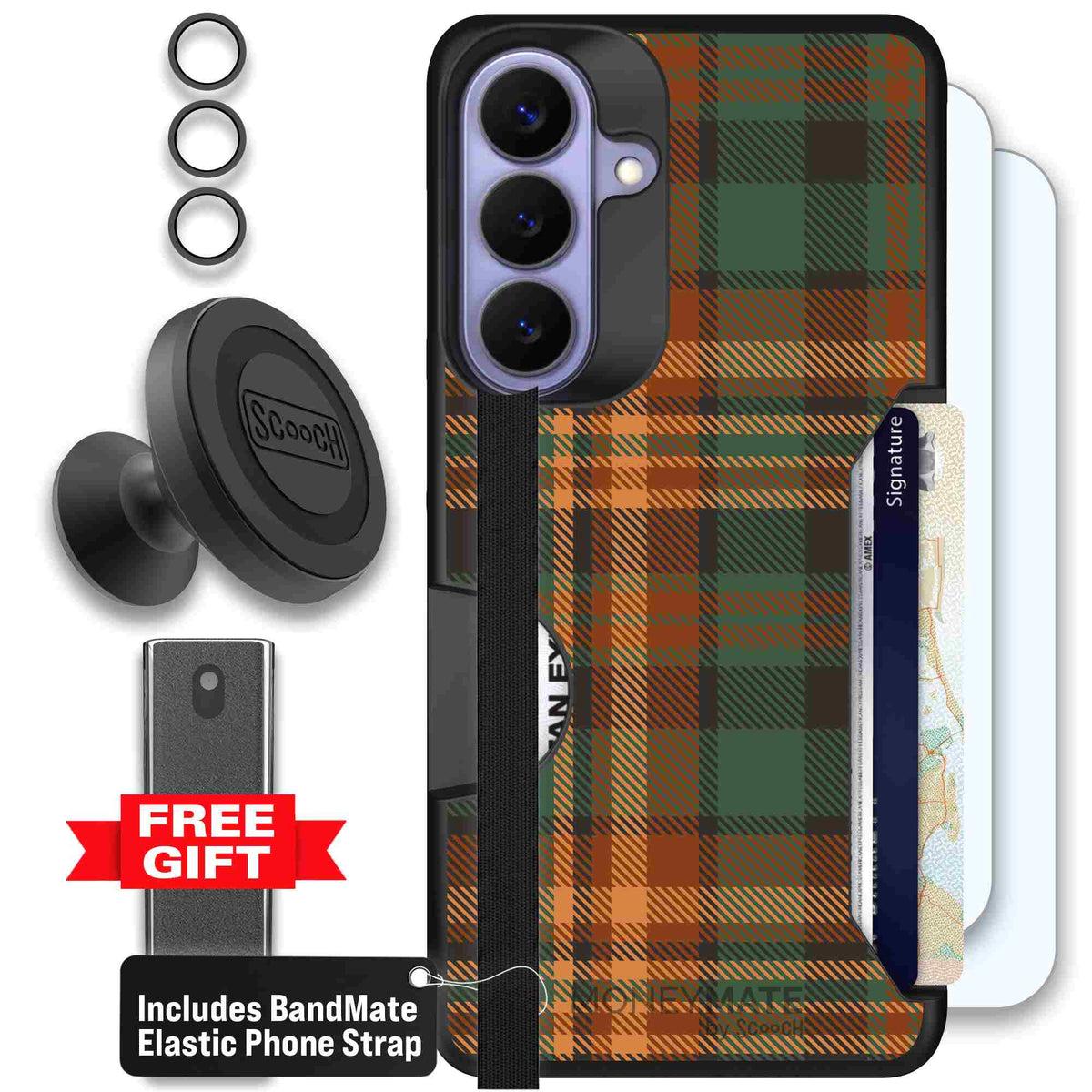 Fall Flannel orange and brown plaid pattern on a scoochzza Moneymate case for Galaxy S26+ - Defender Bundle