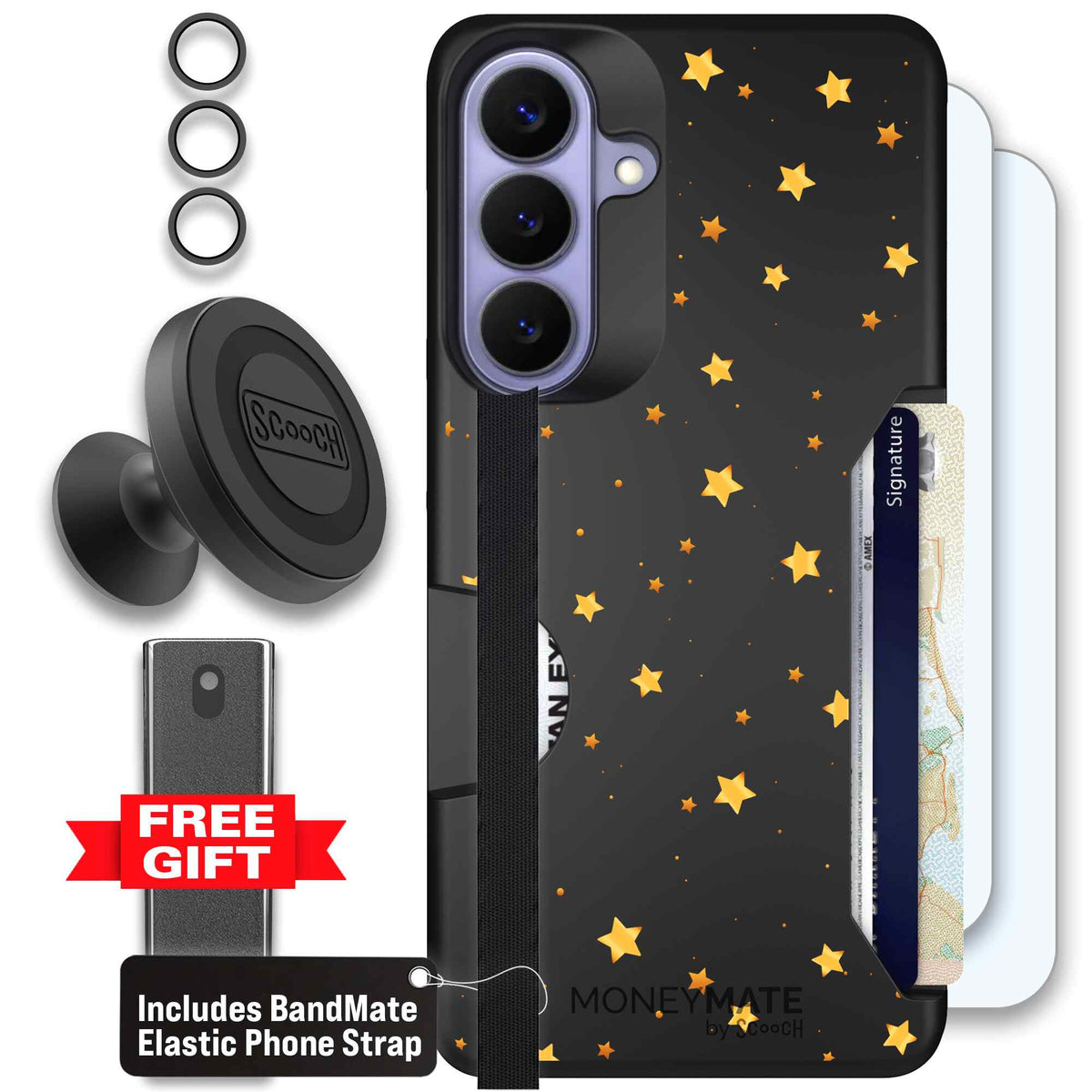 Gold Stars yellow and gold star pattern on a charcoal scoochzza Moneymate case for Galaxy S26+ - Defender Bundle