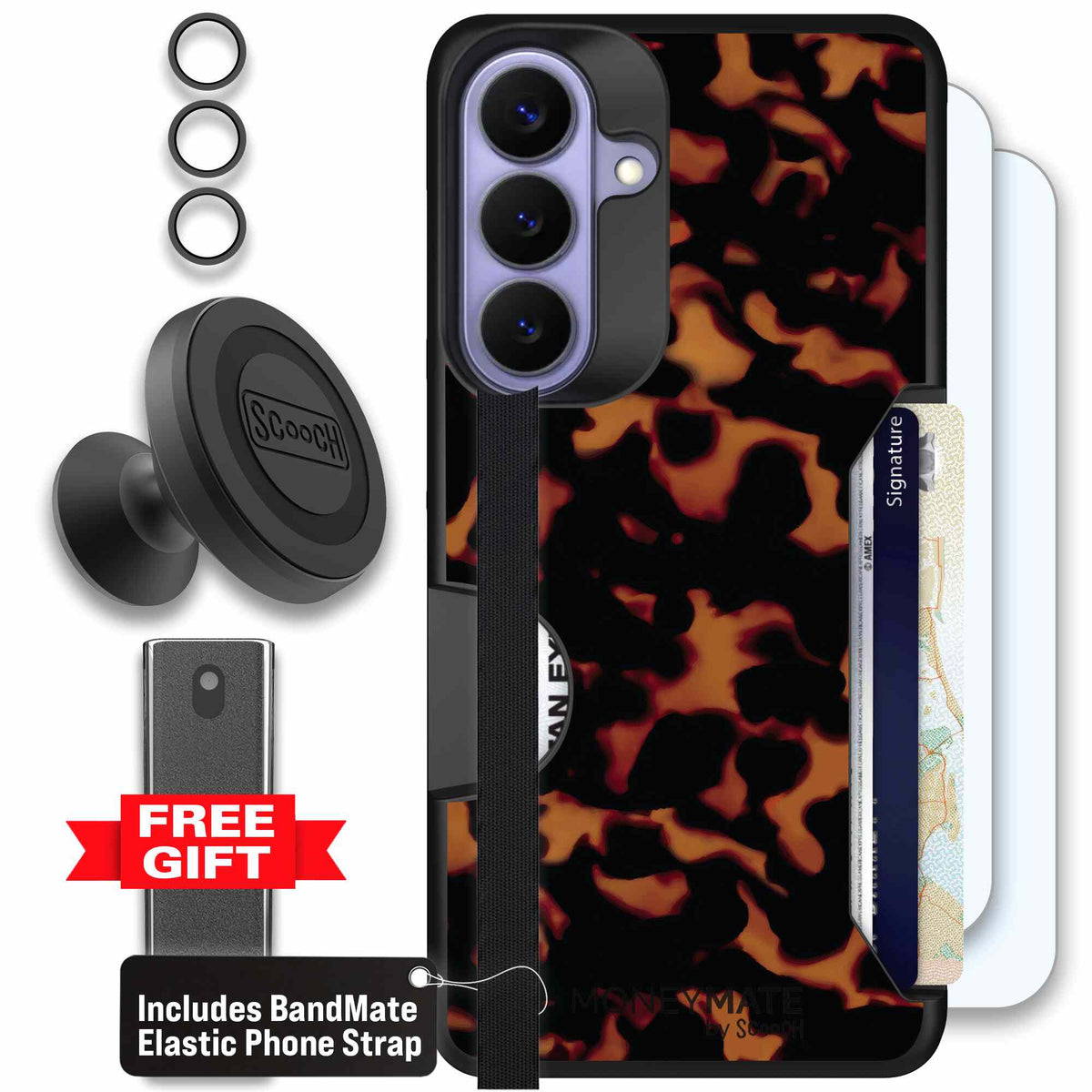 Tortoise Shell amber brown and black mottled pattern on a scoochzza Moneymate case for Galaxy S26+ - Defender Bundle