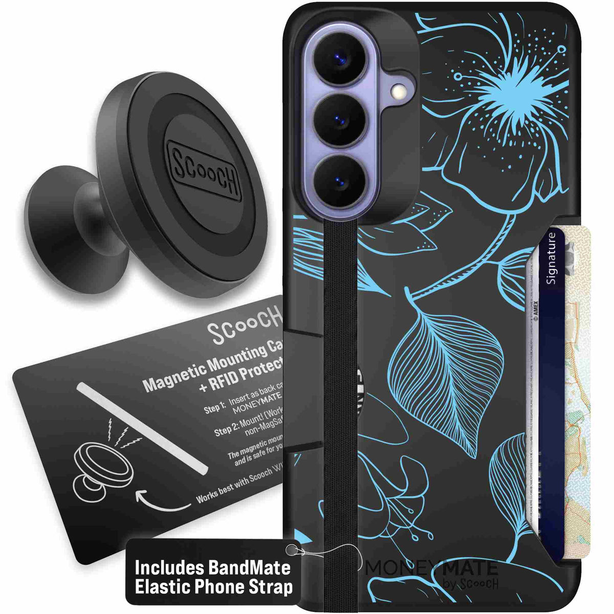 Blue Hibiscus cyan-blue tropical flower pattern on a charcoal scoochzza Moneymate case for Galaxy S26+ - Starter Bundle